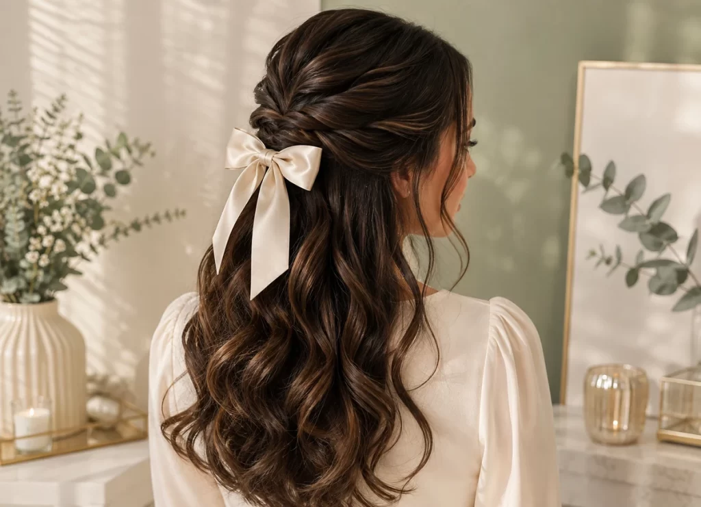 Elegant half-up hairstyle with ivory satin bow and soft brunette waves