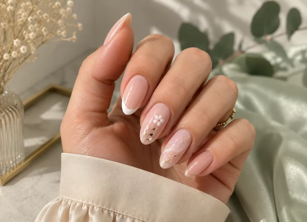 Elegant almond nails with nude, blush, floral and gold nail art