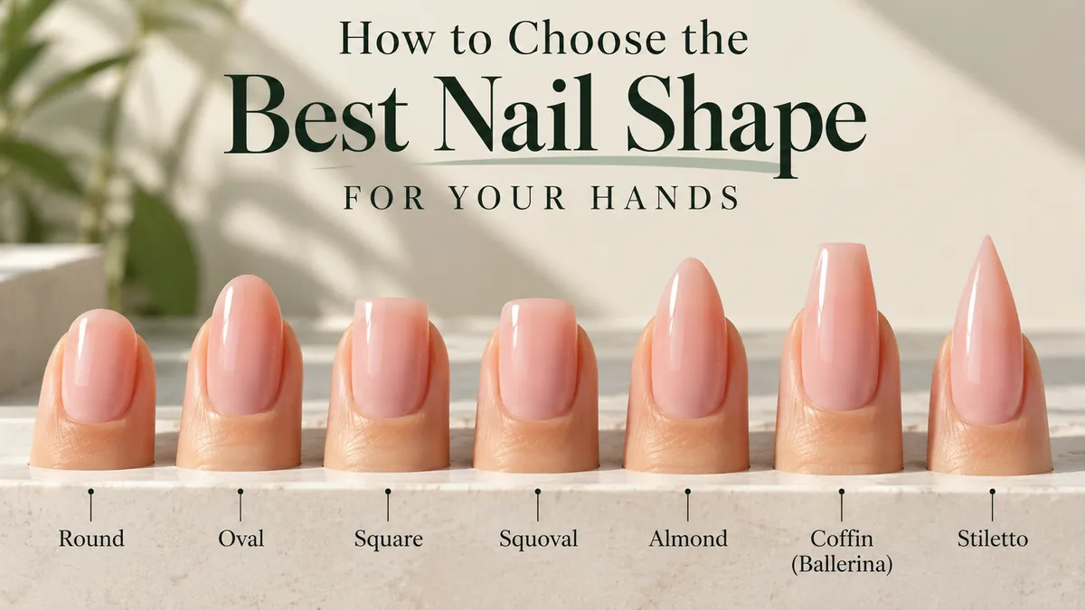 Seven popular nail shapes: round, oval, square, squoval, almond, coffin and stiletto
