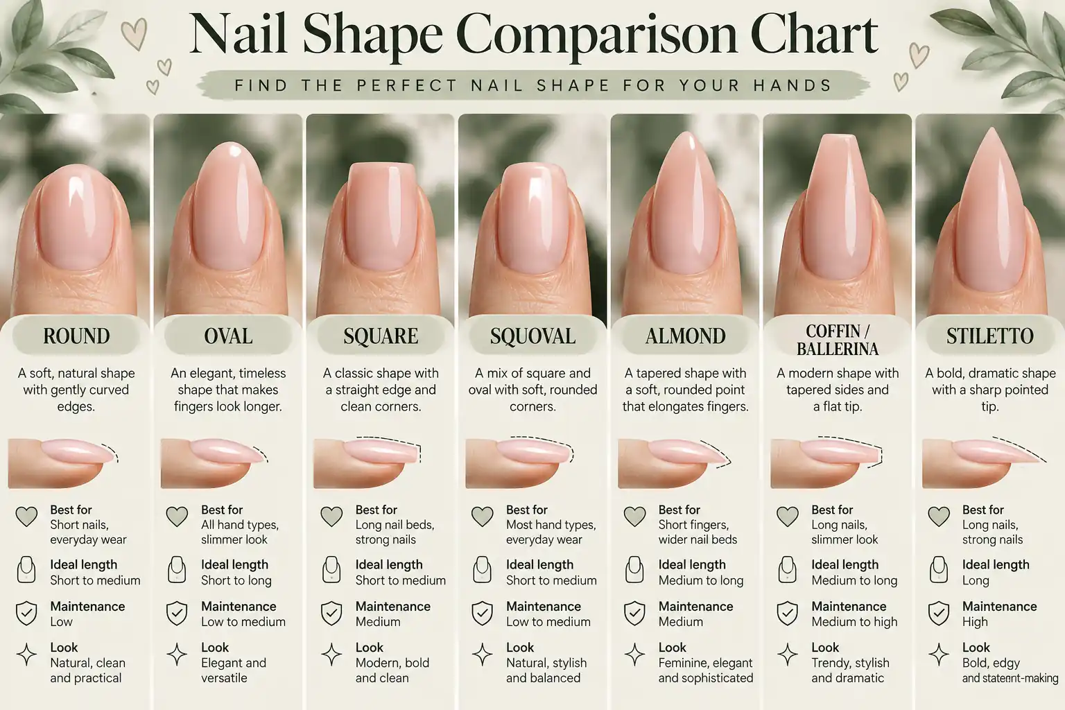 Nail shape comparison chart showing round, oval, square, squoval, almond, coffin and stiletto nails