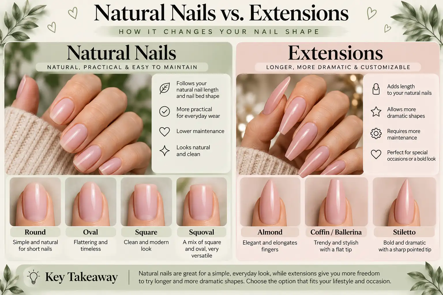 Natural nails vs extensions comparison showing different nail shapes
